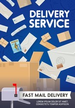Mail Delivery, Post Office Logistics And Shipping Transportation Service. Vector Newspapers, Journals And Magazines Mail Delivery, Letter Envelopes Courier And Mailbox With Postage Stamp