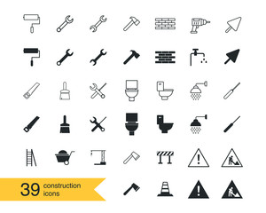 Poster - 39 construction tools icons set for web site. Construction equipments flat vector icons set isolated on white background