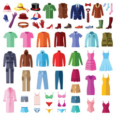 Woman and man clothes and accessories collection - fashion wardrobe - vector color illustration