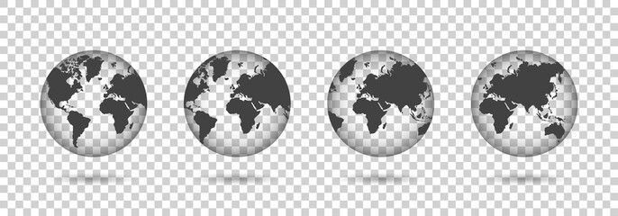 Set of transparent globes. Earth transparent style. 3d icon with set transparent globes earth. Vector illustration