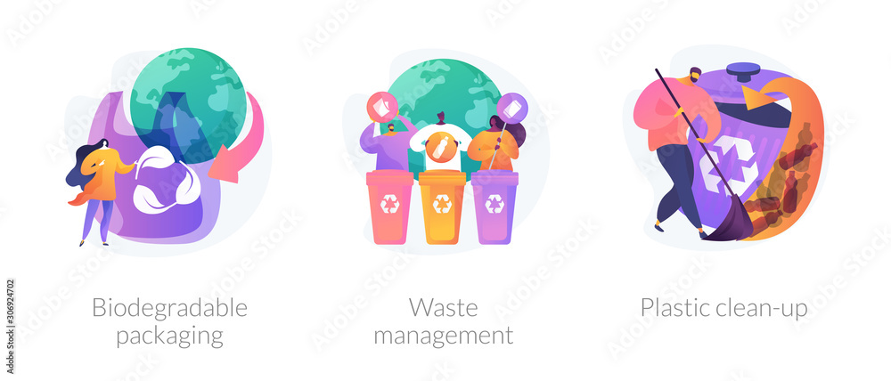 Garbage sorting and recycling icons set. Contamination of water bodies problem. Biodegradable packaging, waste management, plastic clean-up metaphors. Vector isolated concept metaphor illustrations - obrazy, fototapety, plakaty 