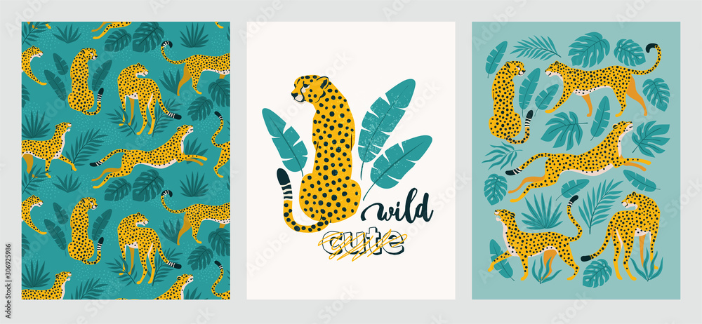 Vector poster set of leopards and tropical leaves. Trendy illustration. - obrazy, fototapety, plakaty 