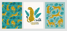 Vector Poster Set Of Leopards And Tropical Leaves. Trendy Illustration.