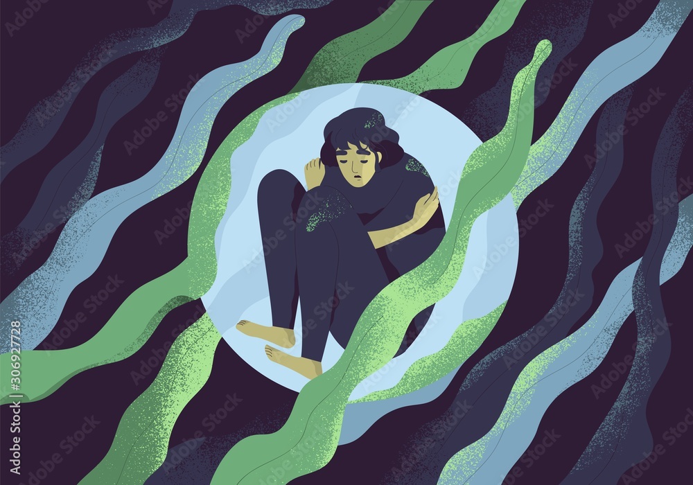 Depressed girl in bubble flat vector illustration. Lonely person in vacuum. Diffident woman in solitude. Isolation, loneliness concept. Lack of confidence, psychological problem, lostness. - obrazy, fototapety, plakaty 