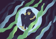 Depressed Girl In Bubble Flat Vector Illustration. Lonely Person In Vacuum. Diffident Woman In Solitude. Isolation, Loneliness Concept. Lack Of Confidence, Psychological Problem, Lostness.