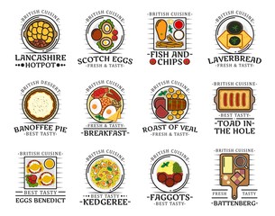 British cuisine food, traditional breakfast, lunch and dinner meals, restaurant cafe menu dishes. Vector English fish and chips, Scotch eggs and banoffee pie with veal roast and Lancashire hotpot