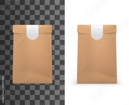 Download Food Paper Bag Package 3d Mockup Model Template Vector Isolated Realistic Brown Paper Bag Pouch Folded With Sticker Label Seal Bakery Grocery Store Or Shop And Fast Food Package Stock Vector