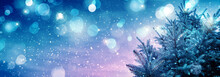 Winter Christmas Background With Fir Tree Branch And Lights.