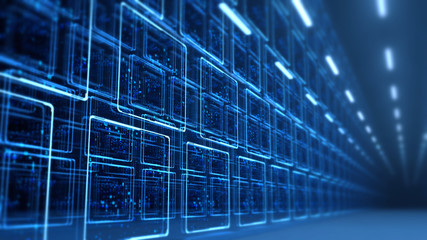Wall Mural - 3D Rendering of binary data on monitor screen panels in sci fi theme data center. Concept for big data, artificial intelligence, business technology, machine learning
