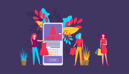 Flat vector. Young woman shop online using smartphone.