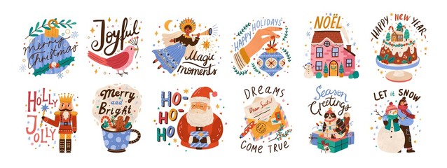 new year lettering compositions set. colorful festive vector illustrations collection. merry christm