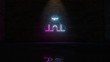 © Destrosvet - 3D rendering of blue violet neon symbol of church icon on brick wall