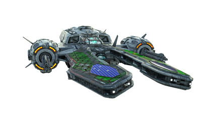 Wall Mural - alien ufo spaceship, spacecraft in flight isolated on white background, front view, 3d rendering