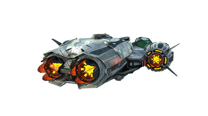 Wall Mural - alien ufo spaceship, spacecraft in flight isolated on white background, rear view, 3d rendering