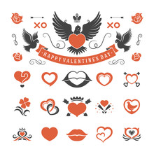 Valentines Day Decoration Vintage Objects And Symbols Vector Design Elements Set For Greeting Cards Or Banners