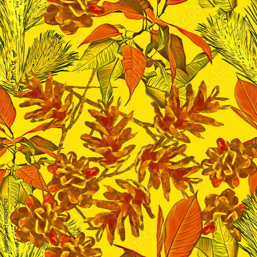 Cone with poinsettia and fir, seamless pattern.