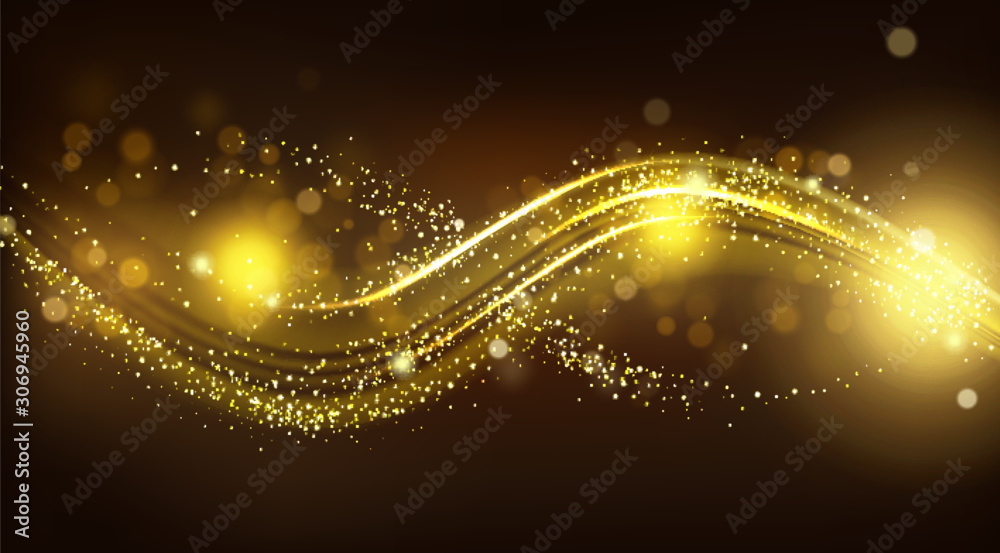 Gold sparkle wave on black blurred background. Shiny glittering glow magic stardust curve track line, design element for festive products or cosmetics advertising. Realistic 3d vector illustration - obrazy, fototapety, plakaty 
