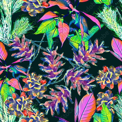 Cone with poinsettia and fir, seamless pattern.