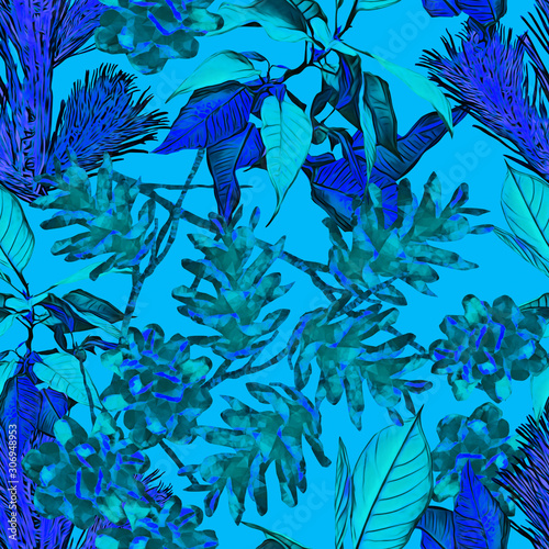 Cone with poinsettia and fir, seamless pattern.