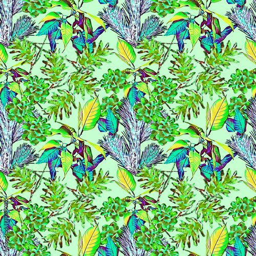 Cone with poinsettia and fir, seamless pattern.