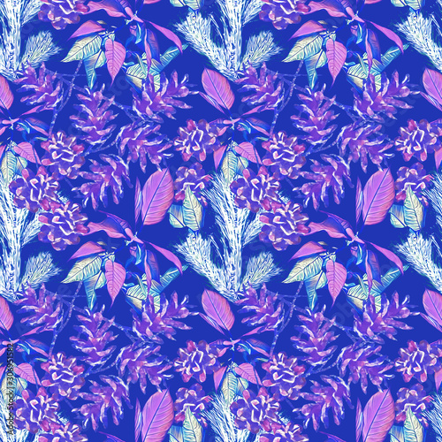 Cone with poinsettia and fir, seamless pattern.