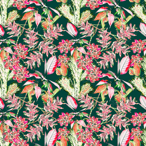 Cone with poinsettia and fir, seamless pattern.