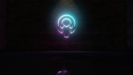 Wall Mural - 3D rendering of blue violet neon symbol of podcast icon on brick wall