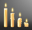 Burning candle with dripping or flowing wax, realistic vector illustration. White candles with golden flame lit and melted wax isolated on transparent background. Church or Christmas collection