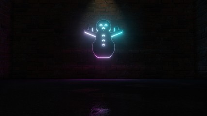 Wall Mural - 3D rendering of blue violet neon symbol of snowman icon on brick wall