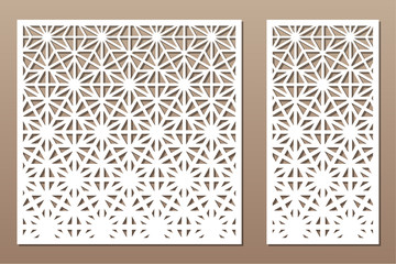 Wall Mural - Set decorative card for cutting. Recurring linear geometric mosaic pattern. Laser cut. Ratio 1:1, 1:2. Vector illustration.