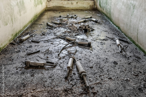 Fotomural Long abandoned milking parlour located at a disused dairy farm in the UK