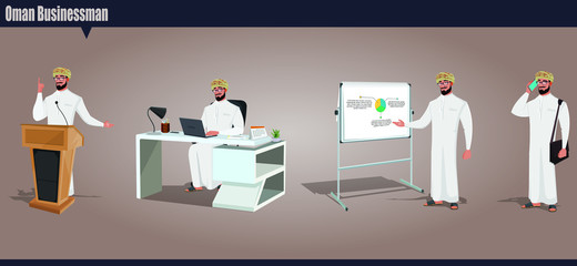 Wall Mural - Arab Omani male character working in office, giving a lecture, presentation and talking in mobile phone. Oman businessman vector illustration.