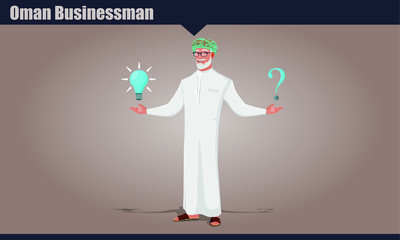 Wall Mural - Arab Omani Old male character with options, showing a bulb and a question mark. Oman old businessman vector illustration.