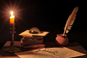 Poster - Ancient writer's working desk with candlestick