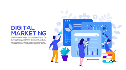 Poster - Digital marketing concept with characters. Vector illustration. Landing page template for web and mobile.
