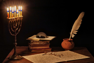 Poster - Ancient writer's working desk with menorah