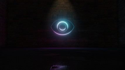 Wall Mural - 3D rendering of blue violet neon symbol of visibility button icon on brick wall