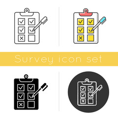 Wall Mural - Written survey icon. Choosing option. Tick checkbox. Evaluation test. Questionnaire. Paper research. Page on clipboard. Flat design, linear and color styles. Isolated vector illustrations