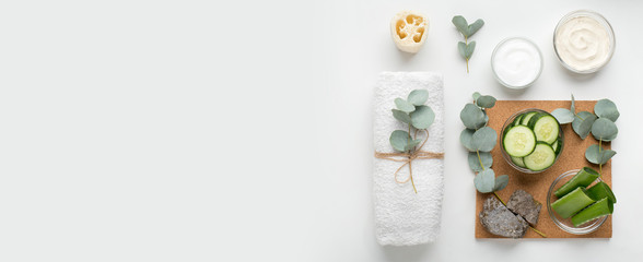 Wall Mural - skin care products of fresh components on white