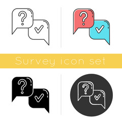 Wall Mural - Question and answer icon. FAQ sign. Question mark in speech bubble. Ask and answer. Chat, dialogue. Discussion and conversation. Flat design, linear and color styles. Isolated vector illustrations