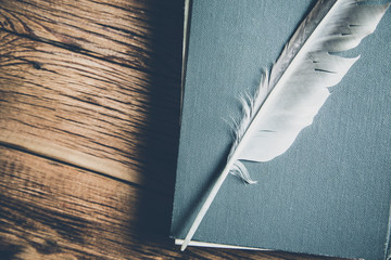 Wall Mural - feather on book on the wooden table