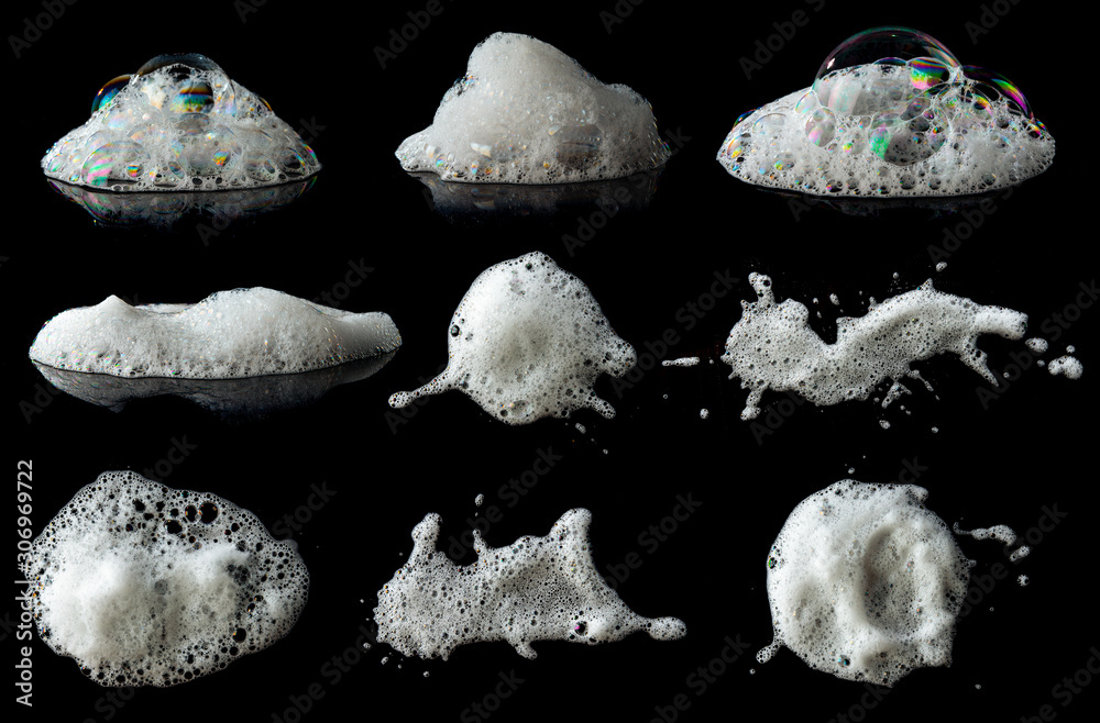 Set of soap foam Shaving cream bubble isolated on black background - obrazy, fototapety, plakaty 