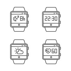 Sticker - Fitness tracker functions linear icons set. Smartwatch wellness services. Tracking heart rate, sleep monitoring. Thin line contour symbols. Isolated vector outline illustrations. Editable stroke