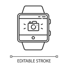 Sticker - Camera fitness wristband function linear icon. Remote capture features. Synchronization with smartphone camera. Thin line illustration. Contour symbol. Vector isolated outline drawing. Editable stroke