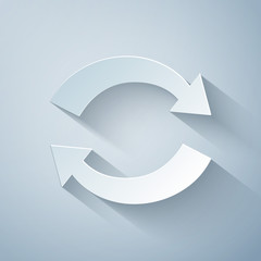 Poster - Paper cut Refresh icon isolated on grey background. Reload symbol. Rotation arrows in a circle sign. Paper art style. Vector Illustration