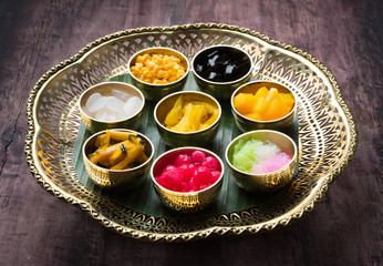 Wall Mural - Thai Desserts,water chestnuts ,dumplings,corn,grass jelly and sweet potatoes