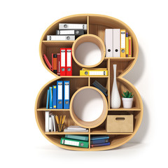 Poster - Number 8. Alphabet in the form of shelves with file folder, binders and books isolated on white. Archival, stacks of documents at the office or library.