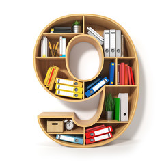 Poster - Number 9. Alphabet in the form of shelves with file folder, binders and books isolated on white. Archival, stacks of documents at the office or library.