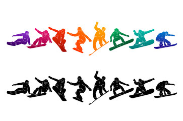 Wall Mural - Snowboard, snowboarders, snowboarding extreme winter sport people silhouettes vector illustration, riding a board, tricks