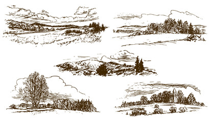 countryside landscape, set of hand-drawn illustrations, drawing on white background (vector)